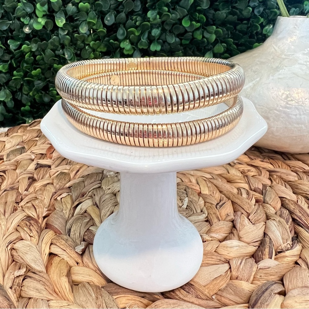 New Gold Tone Metal Ribbed Set of 2 Stretch Bracelets | Boutique | Neutral Stack
